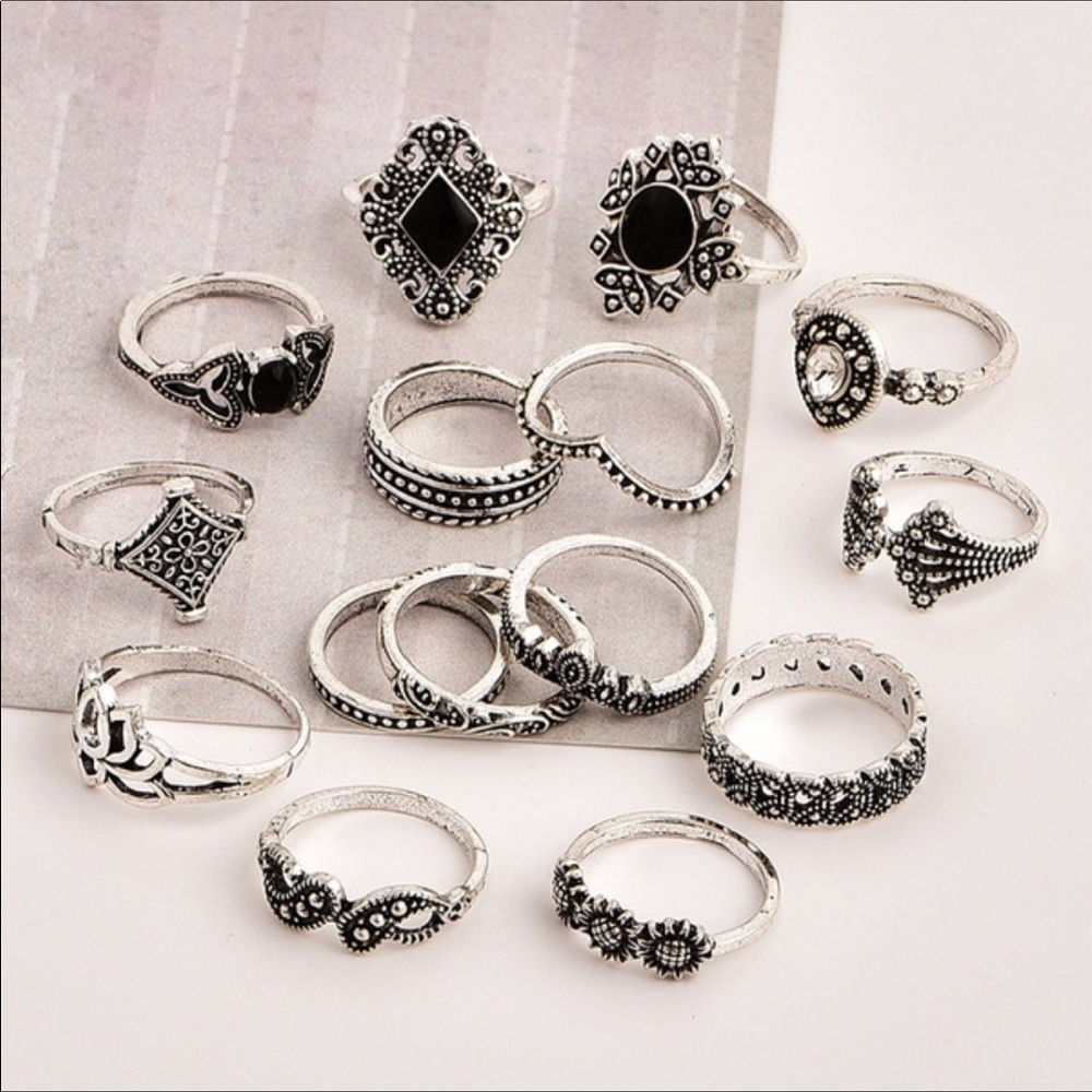 15 Pcs/ Boho Punk Flower Crown Leaf Gem Midi Rings - Picture 2 of 2
